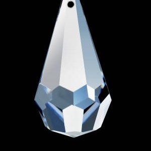 May include: A clear crystal teardrop pendant with a faceted design. The pendant has a hole at the top for hanging.
