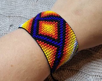 Crossway / Ceremonial Bracelet /  Traditional Weaved Bracelet / Sacred Ayahuasca jewelry / Wide Beaded Bracelet / Bohemian style
