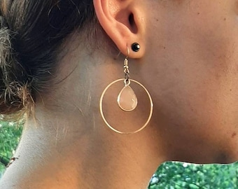 HOOP Gem earrings / Gemstone earrings / 4 stones / White stone / Labradorite / Bohemian / Rose quartz / Howlite / Bridal / Crystal / Gift