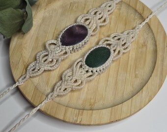 Handmade Boho Macramé Gemstone Bracelet – Amethyst & Green Agate | Adjustable Macrame Jewelry