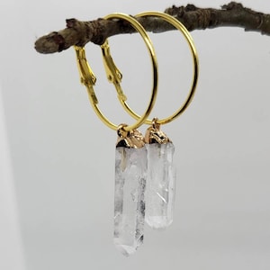 May include: Gold hoop earrings with clear quartz crystal drops. The earrings are hanging from a branch.
