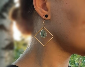 Gemstone earrings / Square hoops / Amazonite / 4 gemstones / Gemstone lovers / Brass dangle / Red Jade / Pink Aventurine/ Bohemian/ Gift