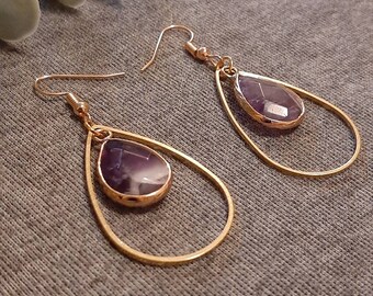 Amethyst earrings / Gemstone / Crystal / 3 gemstones / Gemstone lovers / Brass dangle / Gold-toned / Pendant / Gift for her