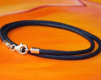 Mens / ladies 3mm Navy Blue Nappa leather & sterling silver wrap-around  bracelet by Lyme Bay Art.