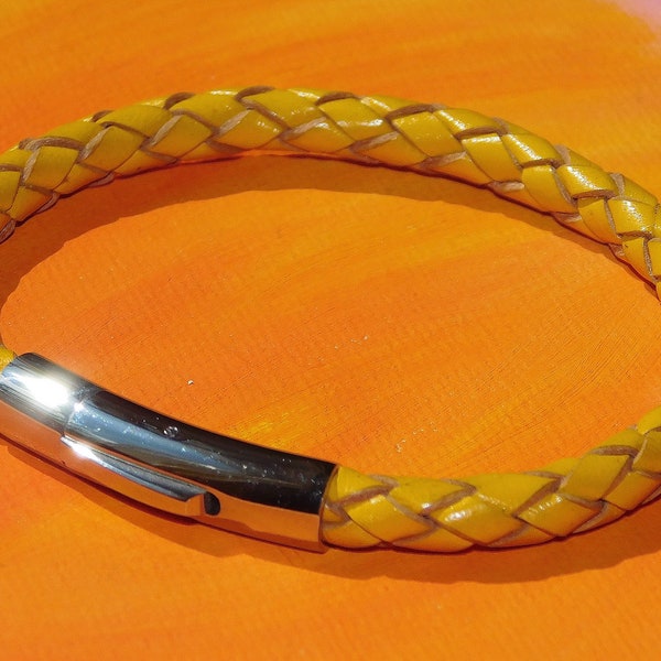 Mens / ladies 5mm Yellow Braided leather & stainless steel bracelet by Lyme Bay Art.