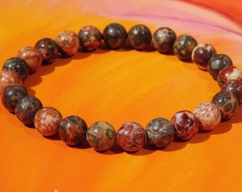 Mens / ladies 8mm Natural Leopardskin Jasper Gemstone Beaded Bracelet by Lyme Bay Art.