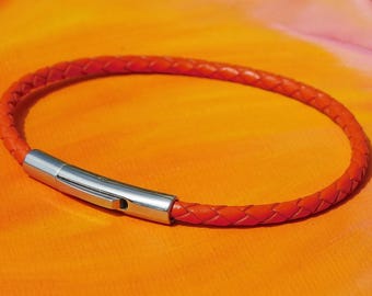 Mens / ladies 3mm Orange Braided leather & stainless steel bracelet by Lyme Bay Art.