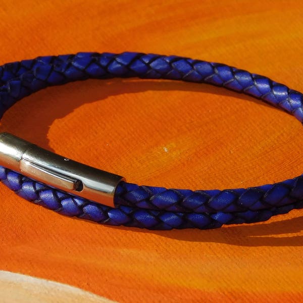 Mens / ladies 4mm Purple Braided leather & stainless steel bracelet by Lyme Bay Art.