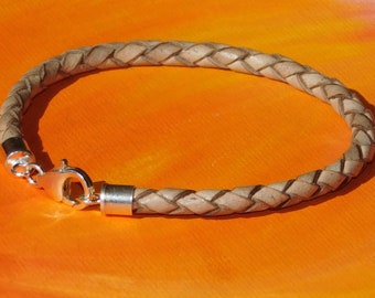 Mens / ladies 4mm Antique Beige Braided leather & sterling silver bracelet by Lyme Bay Art.