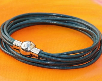 Ladies / Womens Dark Green leather multi-strand, wraparound bracelet with a stainless steel magnetic clasp by Lyme Bay Art.