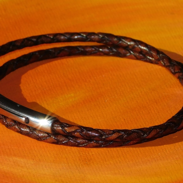 Mens / ladies 3mm Antique Brown Braided leather & stainless steel double wrap bracelet by Lyme Bay Art.