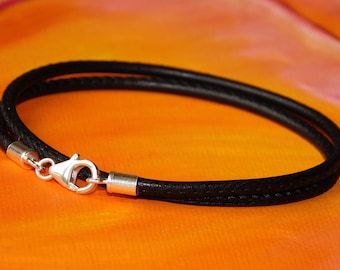 Mens / ladies 3mm Black Nappa leather & sterling silver wrap-around  bracelet by Lyme Bay Art.