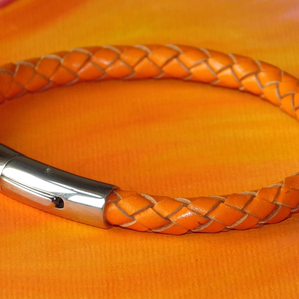 Mens / ladies Chunky 6mm Orange Braided leather & stainless steel bracelet by Lyme Bay Art.