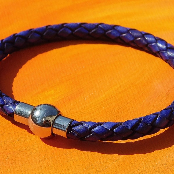 Mens / ladies 5mm Purple Braided leather & stainless steel bracelet by Lyme Bay Art.