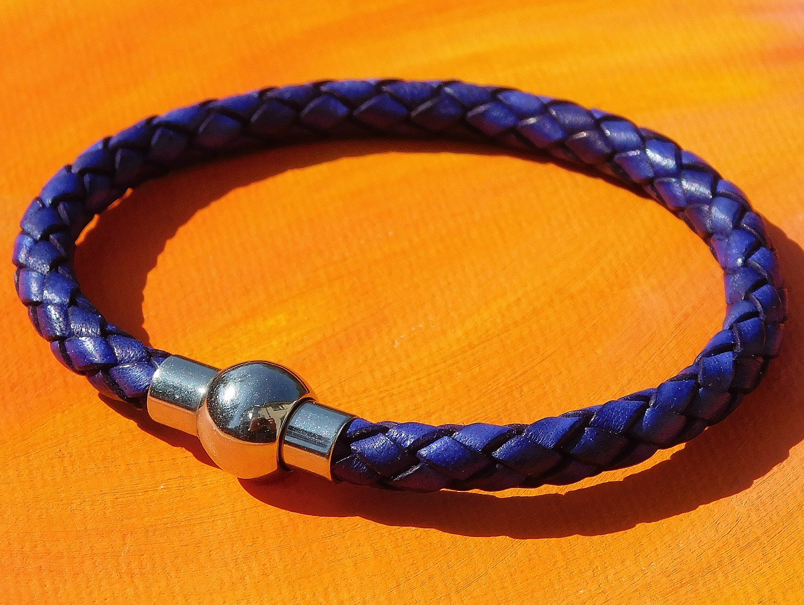Bracciale In Pelle Intrecciata E Acciaio 5mm - Lyme Bay Art - Fatto A Mano In UK - Colore Arancione
