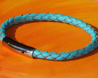 Mens / ladies 5mm Turquoise Braided leather & stainless steel bracelet by Lyme Bay Art.