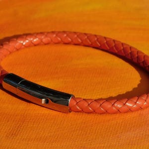 Mens / ladies 5mm Orange Braided leather & stainless steel bracelet by Lyme Bay Art.