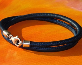 Mens / cuir Nappa bleu marine 4mm de dames & sterling silver bracelet wrap-around Lyme Bay Art.