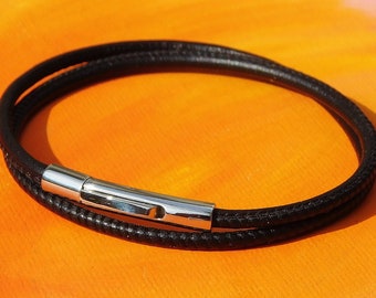 Mens / ladies 3mm Black Nappa leather & stainless steel double wrap bracelet by Lyme Bay Art.