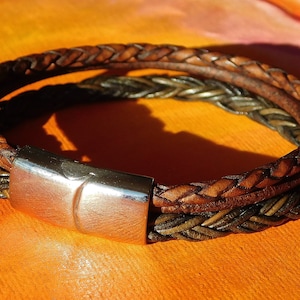 Mens / Ladies Chunky Brown leather & stainless steel bracelet by Lyme Bay Art.