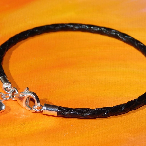 Ladies 3mm Black Braided leather & sterling silver heart charm bracelet by Lyme Bay Art.