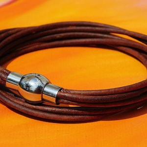 Ladies / Womens Vintage Brown leather multi-strand, wraparound bracelet with a stainless steel magnetic clasp by Lyme Bay Art.