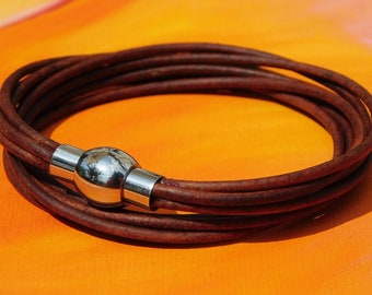 Ladies / Womens Vintage Brown leather multi-strand, wraparound bracelet with a stainless steel magnetic clasp by Lyme Bay Art.