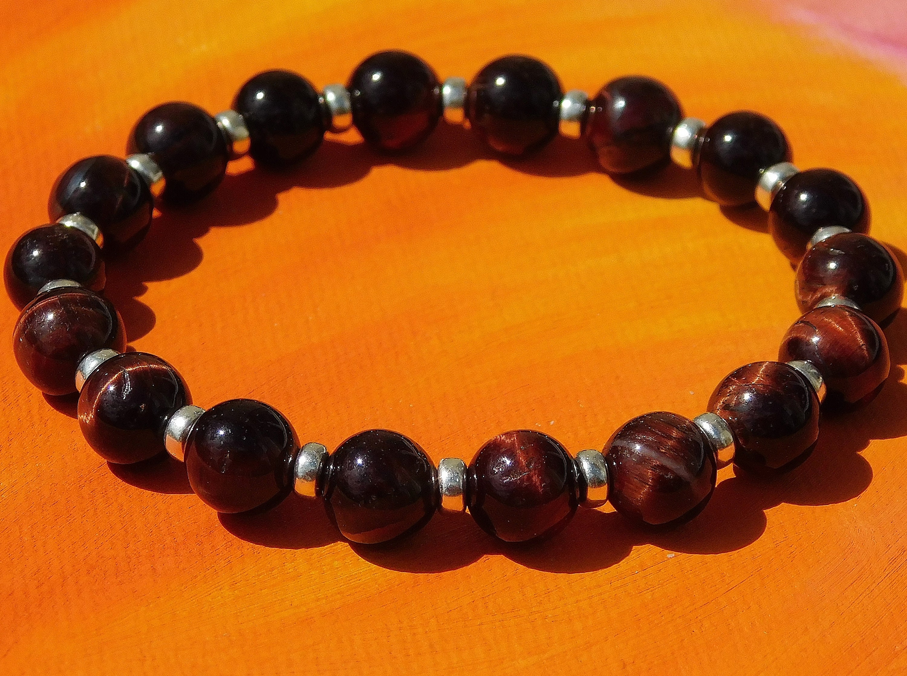 Mens / ladies 8mm Natural Red Tiger's Eye Gemstone and Sterling Silver Beaded Bracelet by Lyme Bay Art.