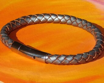 Mens / ladies Chunky 6mm Metallic Silver Braided leather & stainless steel bracelet by Lyme Bay Art.