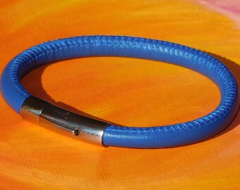 Mens / ladies Chunky 6mm Blue Nappa leather & stainless steel bracelet by Lyme Bay Art.
