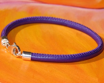 Mens / ladies 4mm Purple Nappa leather & sterling silver bracelet by Lyme Bay Art.