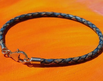 Mens / ladies 3mm Antique Blue Braided leather & sterling silver bracelet by Lyme Bay Art.