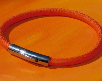 Mens / ladies 4mm Orange Nappa leather & stainless steel bracelet by Lyme Bay Art.