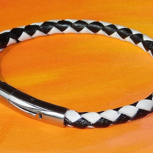 Mens / ladies 5mm Black and White Braided leather & stainless steel bracelet by Lyme Bay Art.