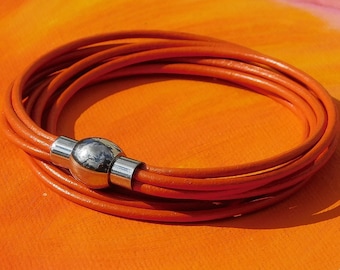 Ladies / Womens Orange leather multi-strand, wraparound bracelet with a stainless steel magnetic clasp by Lyme Bay Art.