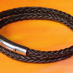 Mens / ladies 4mm Brown Braided leather & stainless steel double-wrap bracelet by Lyme Bay Art.