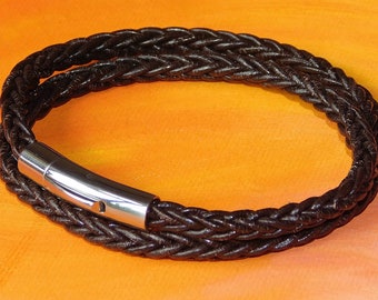 Mens / ladies 4mm Brown Braided leather & stainless steel double-wrap bracelet by Lyme Bay Art.