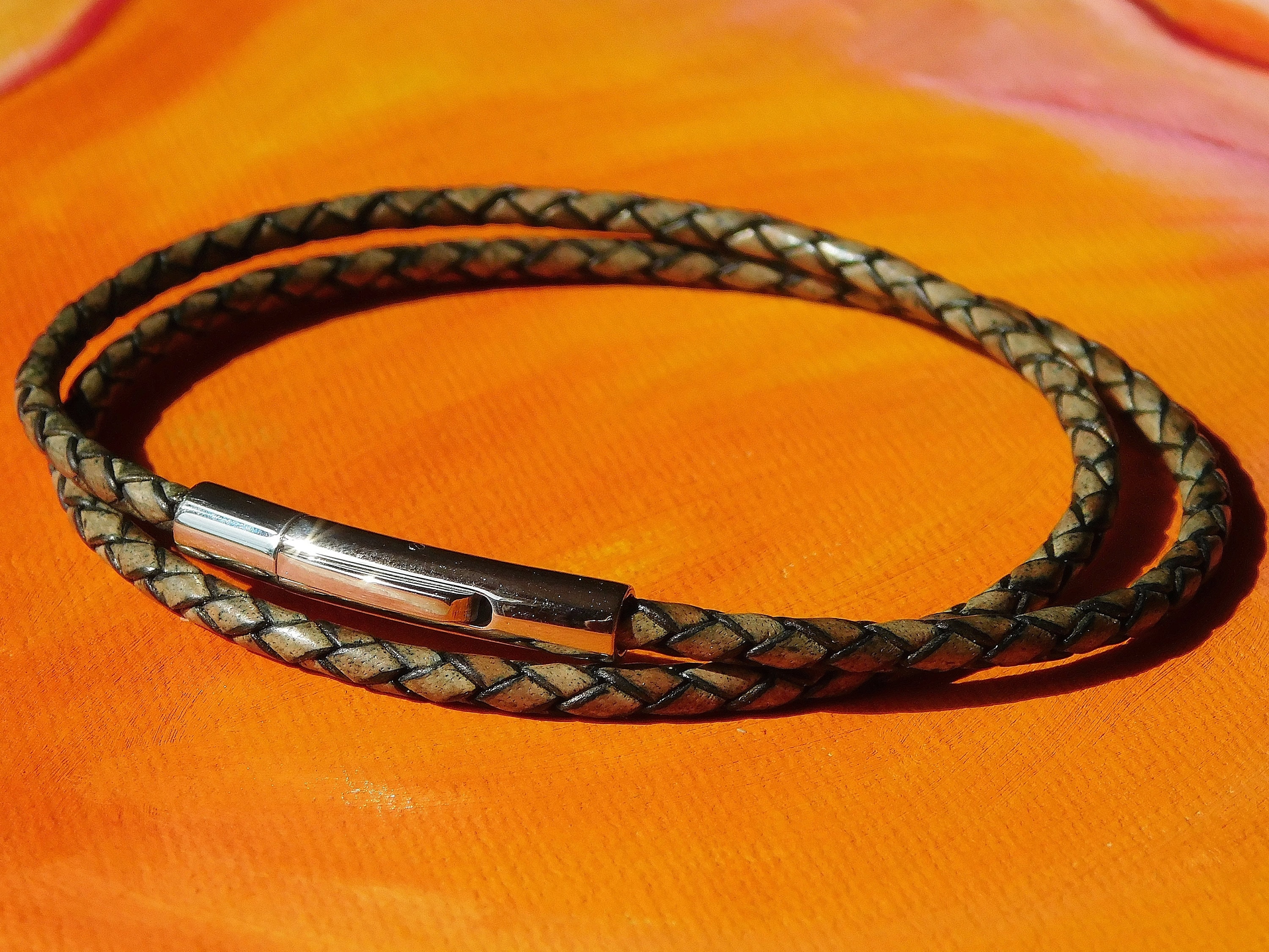 Mens / ladies 3mm Antique Green Braided leather & stainless steel double wrap bracelet by Lyme Bay Art.