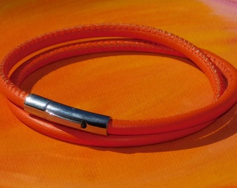 Mens / ladies 4mm Orange Nappa leather & stainless steel double wrap bracelet by Lyme Bay Art.