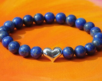 Ladies 8mm Natural Lapis Lazuli Gemstone and Sterling Silver Heart Bracelet by Lyme Bay Art.