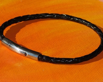 Mens / ladies 3mm Black Braided leather & stainless steel bracelet by Lyme Bay Art.