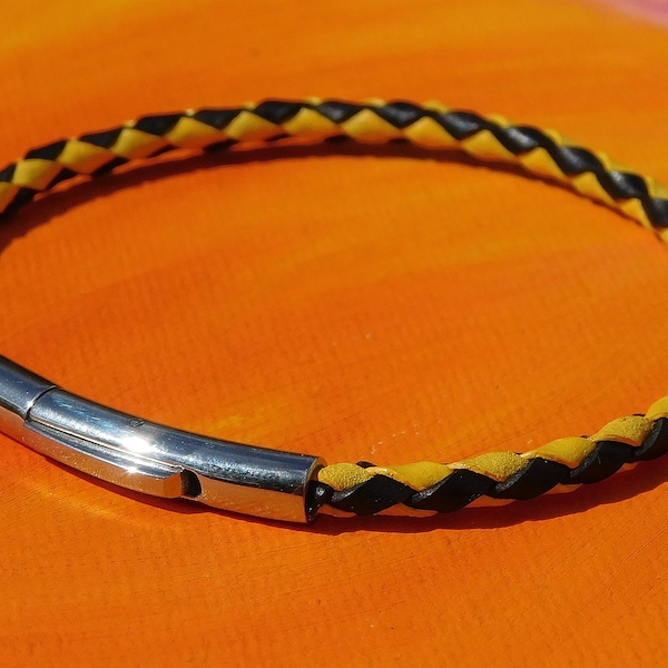 Mens / ladies 3mm Yellow and Black Braided leather & stainless steel bracelet by Lyme Bay Art.