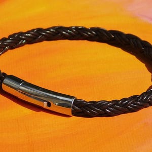 Mens / ladies 5mm Dark Brown Woven leather & stainless steel bracelet by Lyme Bay Art.
