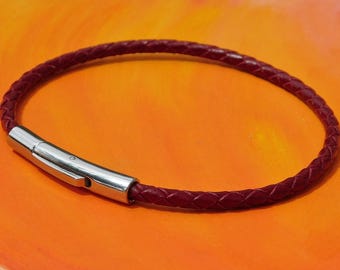 Mens / ladies 3mm Burgundy Braided leather & stainless steel bracelet by Lyme Bay Art.