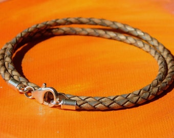 Mens / ladies 3mm Antique Beige Braided leather & sterling silver wrap around bracelet by Lyme Bay Art.