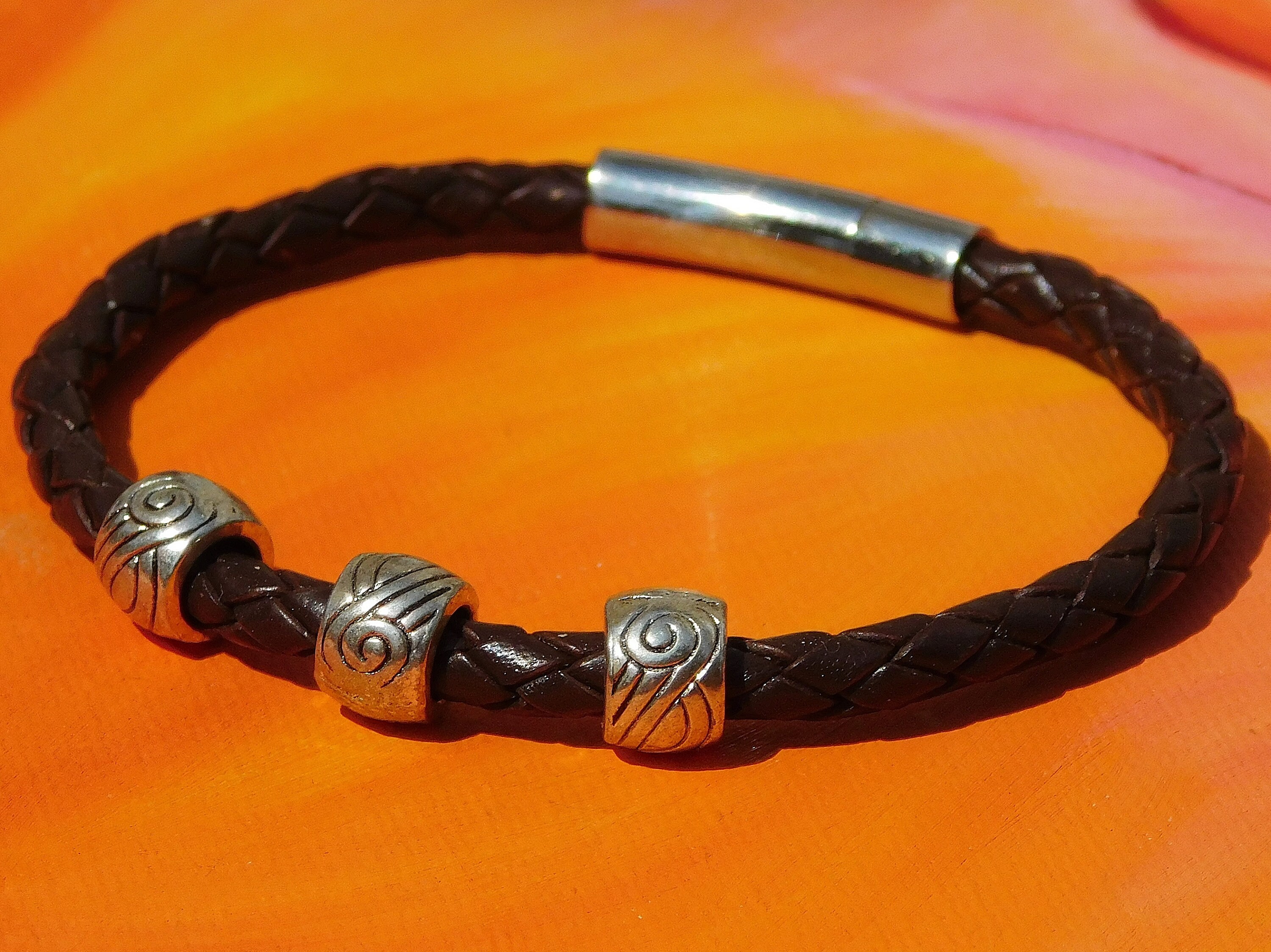 Bracciale In Pelle Intrecciata E Acciaio Inox 5mm - Lyme Bay Art, Artigianale UK, Arancione