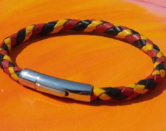 Mens / ladies 5mm Red, Yellow and Black Braided leather & stainless steel bracelet by Lyme Bay Art.