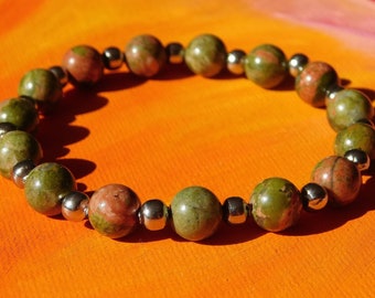 Mens / ladies 8mm Natural Unakite Jasper Gemstone and stainless steel Bracelet by Lyme Bay Art.