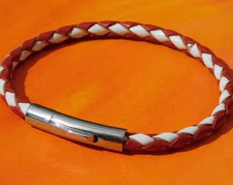 Mens / ladies 4mm Red and White Braided leather & stainless steel bracelet by Lyme Bay Art.