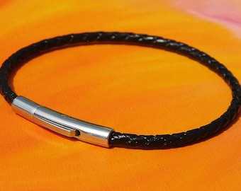 Mens / ladies 3mm Black Braided leather & stainless steel bracelet by Lyme Bay Art.